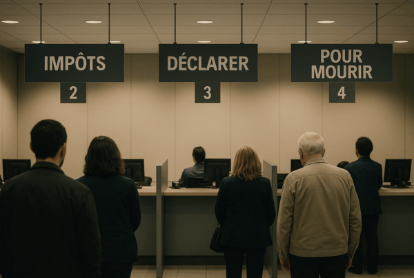 File d’attente devant des guichets administratifs, dont un panneau « Pour mourir », symbolisant la dérive d’un État qui fait de la mort un service public.