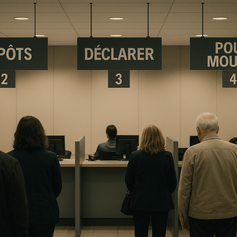 File d’attente devant des guichets administratifs, dont un panneau « Pour mourir », symbolisant la dérive d’un État qui fait de la mort un service public.