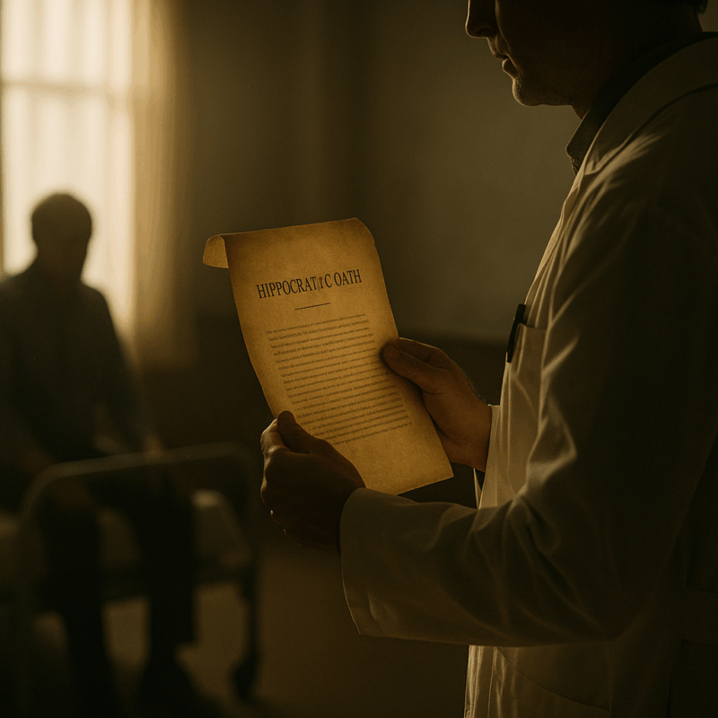Médecin tenant le serment d’Hippocrate devant un patient, illustrant le dilemme moral de donner ou non la mort.
