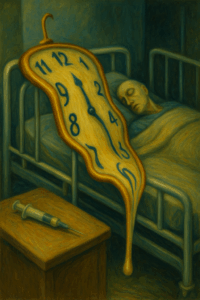 Horloge fondante près d’un patient en fin de vie — symbole du temps qui s’efface face à l’euthanasie.