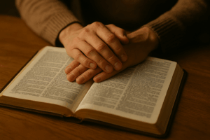 mains posées sur une Bible ouverte — euthanasie et foi