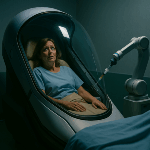 Patiente allongée dans une capsule médicale automatisée, regard inquiet face à un bras robotisé — dérive technologique autour de l’euthanasie.