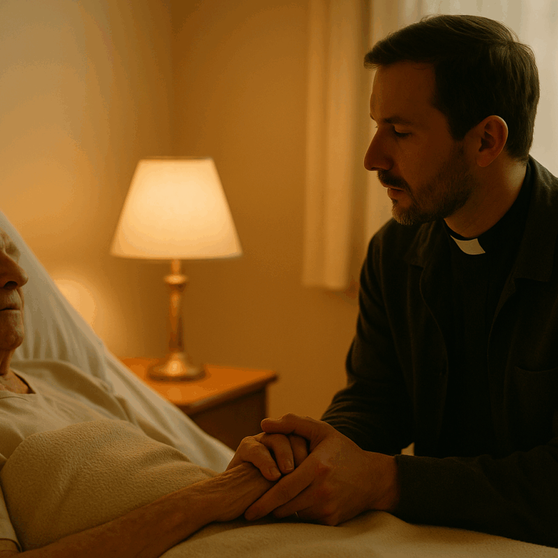 Aumônier ou croyant tenant la main d’un patient en fin de vie, lumière douce, geste de soutien spirituel.