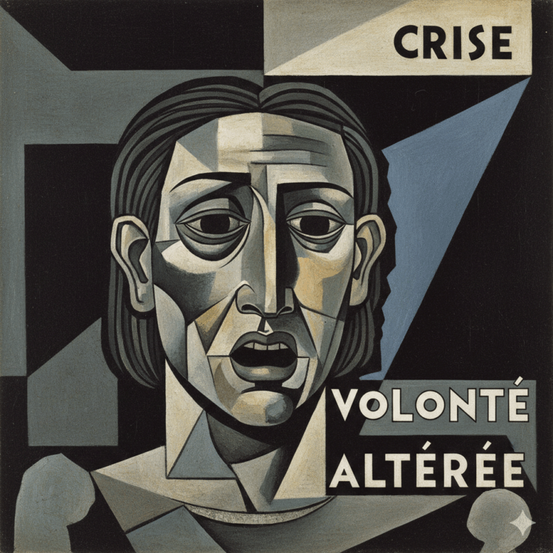 Visage cubiste exprimant la crise et la volonté altérée.
