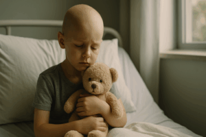 Enfant malade tenant une peluche, symbole de vulnérabilité face à la maladie.
