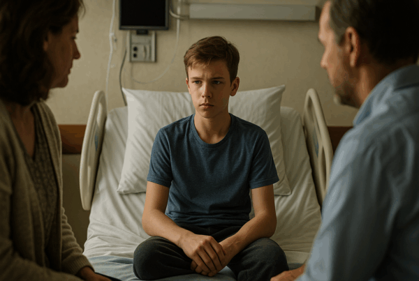 Jeune patient en milieu médical entouré d’adultes, illustrant le débat complexe sur l’euthanasie des mineurs.