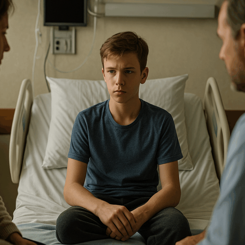 Jeune patient en milieu médical entouré d’adultes, illustrant le débat complexe sur l’euthanasie des mineurs.