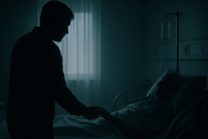 Silhouette d’un proche hésitant, main tendue vers un patient, symbolisant la fausse compassion.