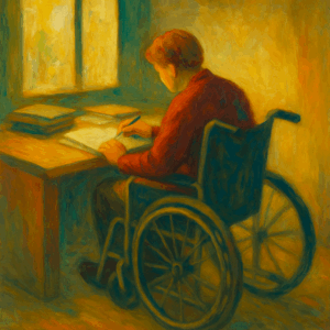 personne en fauteuil travaillant à un bureau — euthanasie et handicap