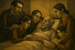 proches rassemblés autour d’un patient en fin de vie, atmosphère paisible, accompagnement et dignité