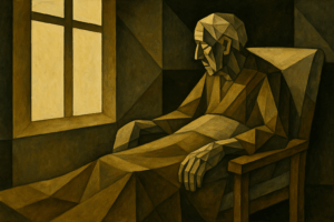 patient âgé regardant la lumière à travers une fenêtre, symbole de fragilité et de dignité en soins palliatifs