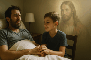 Scène domestique, homme malade réconforté par un enfant, avec Jésus en filigrane en arrière-plan, illustrant le lien entre euthanasie et foi.