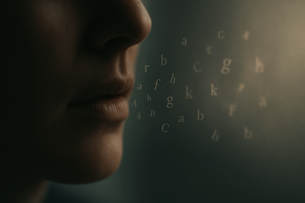 Des lettres qui s’échappent d’une bouche dans la lumière, image du langage qui déforme la vérité sur la fin de vie.