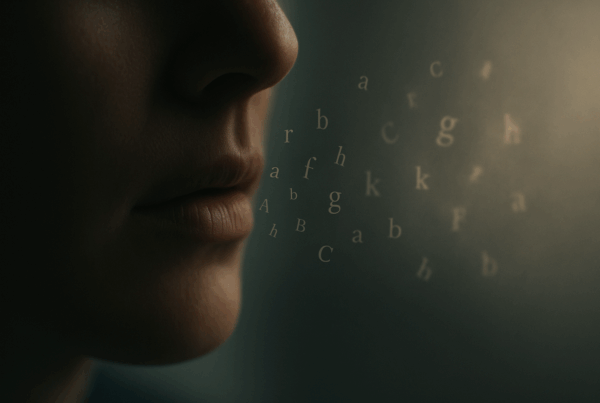 Des lettres qui s’échappent d’une bouche dans la lumière, image du langage qui déforme la vérité sur la fin de vie.