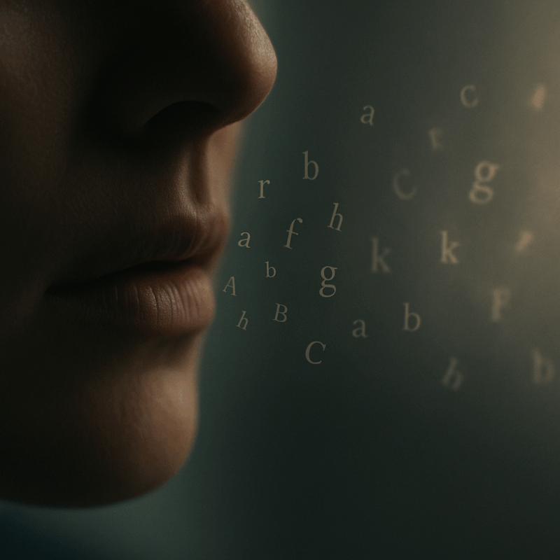 Des lettres qui s’échappent d’une bouche dans la lumière, image du langage qui déforme la vérité sur la fin de vie.