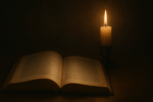 Livre ancien éclairé par une bougie, métaphore de la vérité et du mot juste dans le débat sur la mort.