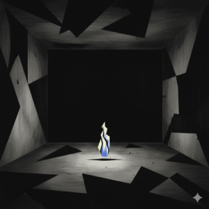 Figure cubiste solitaire dans une pièce sombre, symbole d’une petite espérance fragile.