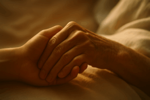 Deux mains serrées dans un geste de présence fidèle en fin de vie, lumière chaude.