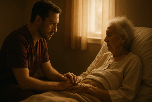 Soignant assis près d’un patient âgé, lumière douce, geste de présence et de soutien en fin de vie.