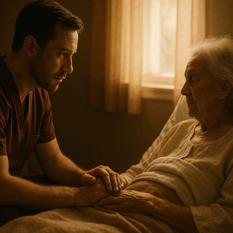 Soignant assis près d’un patient âgé, lumière douce, geste de présence et de soutien en fin de vie.