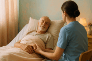 Soignant de dos tenant la main d’un patient en fin de vie dans une chambre douce et lumineuse, symbole de tendresse et d’espérance en soins palliatifs.