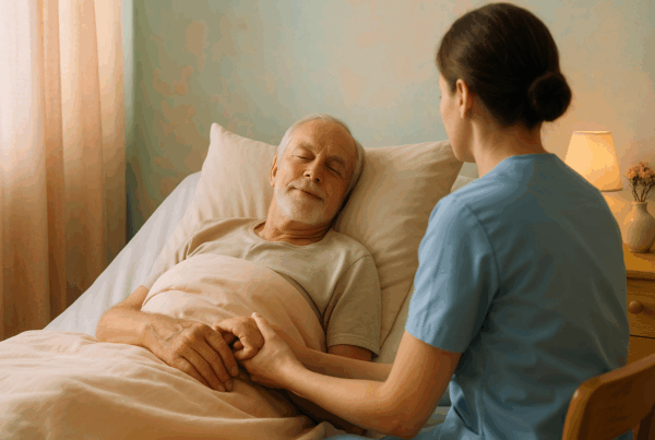 Soignant de dos tenant la main d’un patient en fin de vie dans une chambre douce et lumineuse, symbole de tendresse et d’espérance en soins palliatifs.