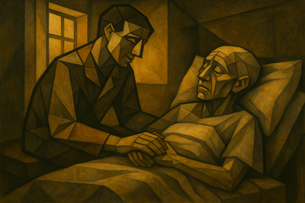 soignant assis près d’un patient en fin de vie, lumière douce, scène de présence et de dignité — soins palliatifs