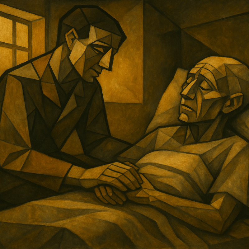 soignant assis près d’un patient en fin de vie, lumière douce, scène de présence et de dignité — soins palliatifs