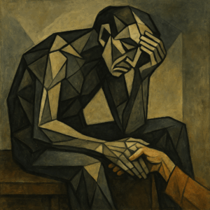 Personne assise en souffrance psychique, main tendue vers elle en soutien, style cubiste. Prompt