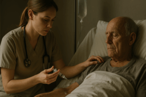 Infirmière ajustant un traitement antidouleur auprès d’un patient en soins palliatifs, lumière tamisée.