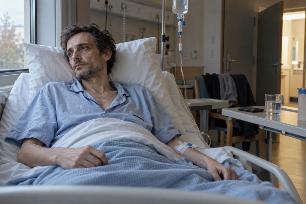 Arnaud Denis mort par euthanasie - peut-on espérer une vie après la mort 1 Homme très affaibli allongé dans un lit d'hôpital, le regard fatigué tourné vers la fenêtre.