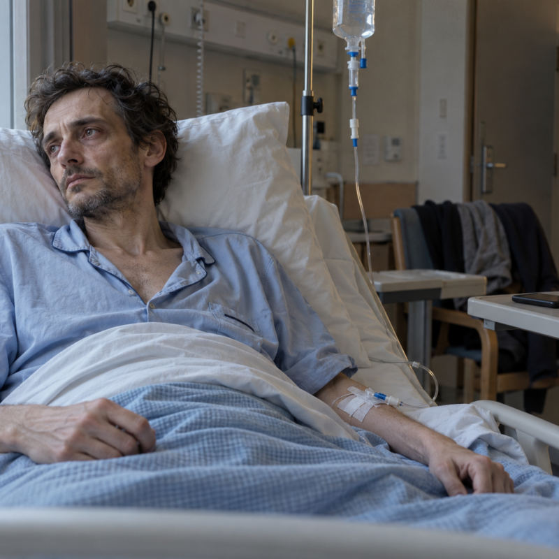 Homme très affaibli allongé dans un lit d'hôpital, le regard fatigué tourné vers la fenêtre.