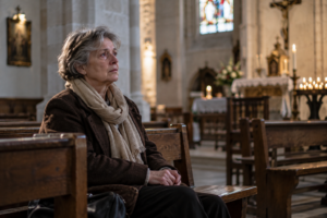Femme au visage marqué par le chagrin, assise seule dans une église et regardant vers le chœur.