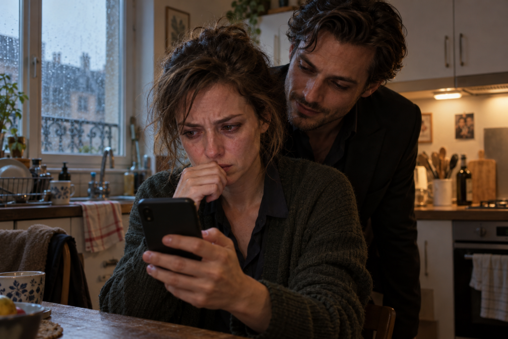 Une femme bouleversée hésite à envoyer un message tandis qu'un personnage sombre lui murmure à l'oreille.