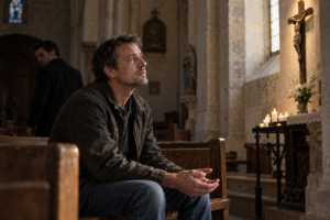 Un homme recueilli dans une église regarde une croix tandis qu'une silhouette sombre s'éloigne derrière lui.