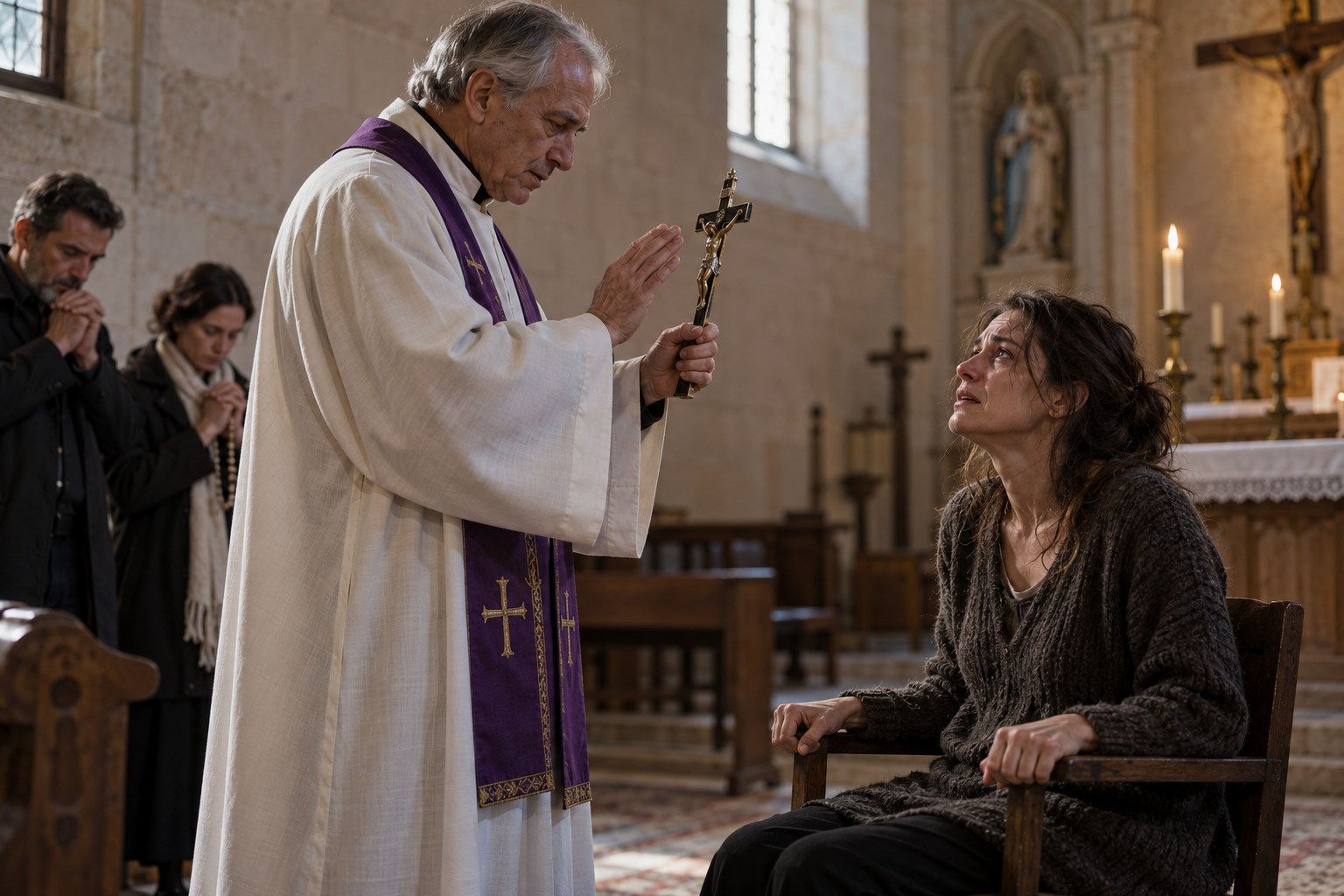 Prêtre catholique tenant un crucifix et priant devant une femme éprouvée, dans une chapelle.
