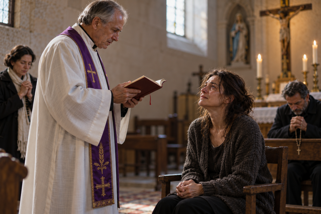 Prêtre et fidèles priant dans une chapelle auprès d'une femme éprouvée, dans une scène symbolique d'exorcisme.