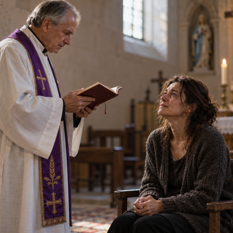 Prêtre et fidèles priant dans une chapelle auprès d'une femme éprouvée, dans une scène symbolique d'exorcisme.
