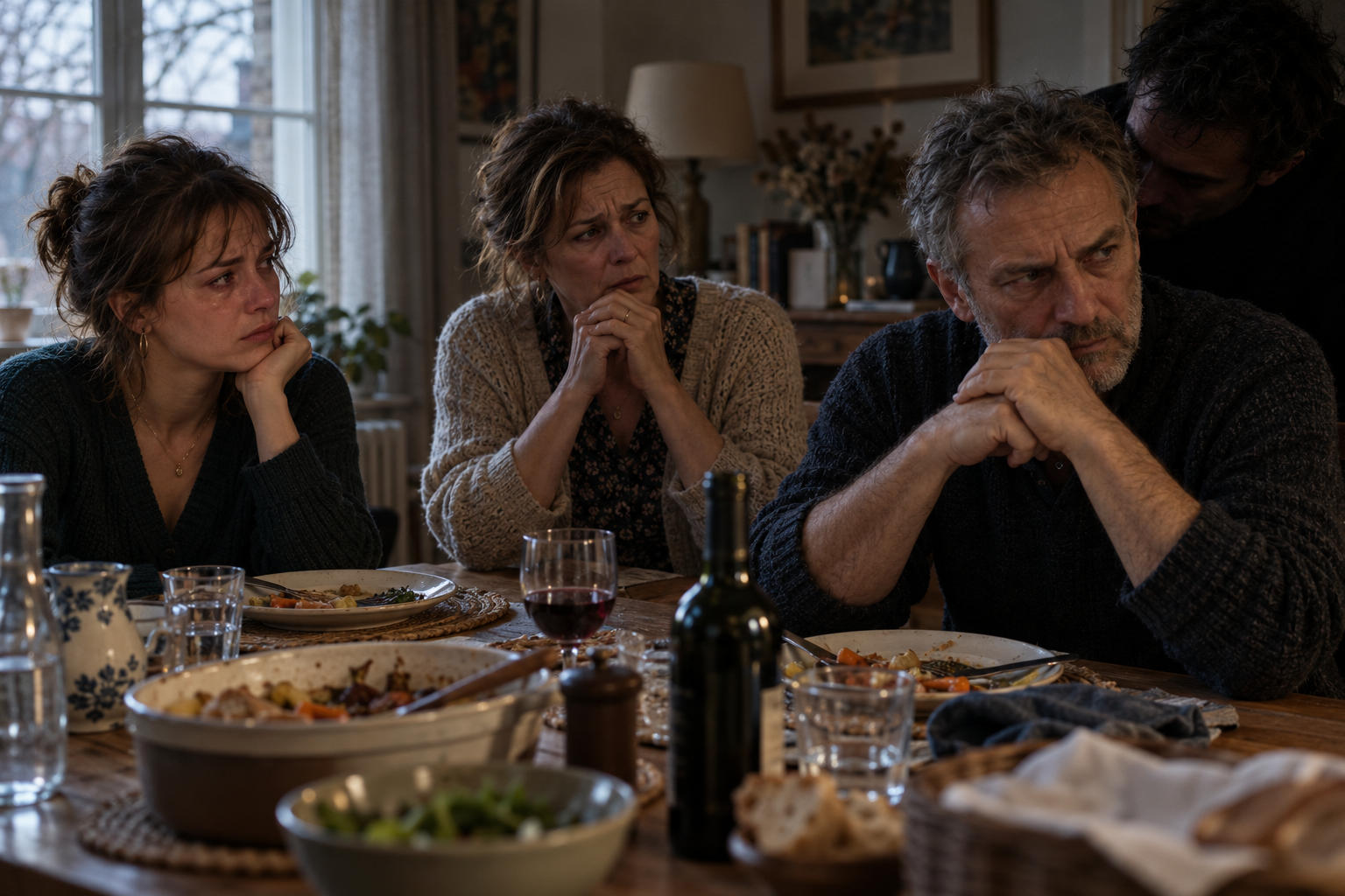 Famille traversant une dispute tandis qu'une silhouette sombre semble encourager la colère d'un homme.