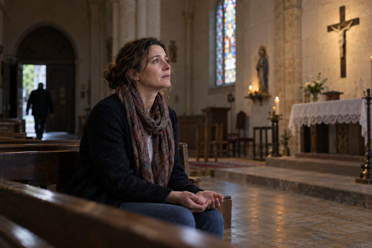 Femme recueillie dans une église, regardant une croix tandis qu'une silhouette sombre s'éloigne.