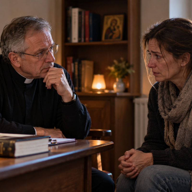 Prêtre catholique écoutant attentivement une femme inquiète dans un bureau paroissial.