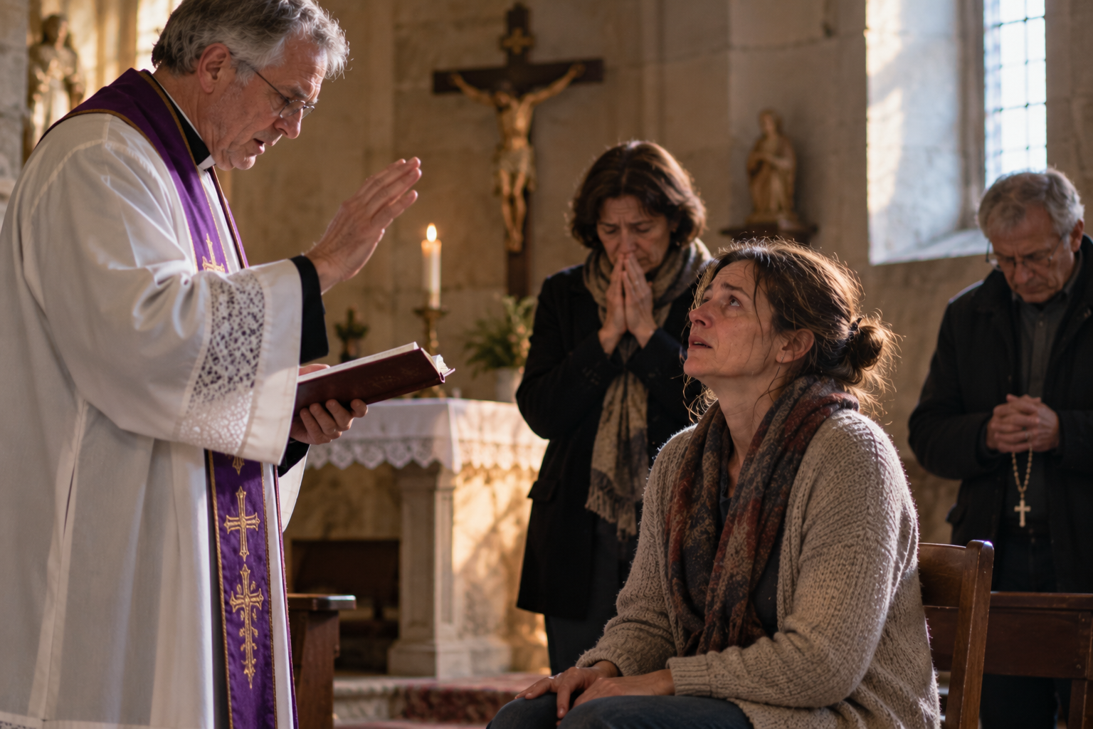 Prêtre catholique priant devant une femme assise dans une chapelle, accompagné de deux fidèles.