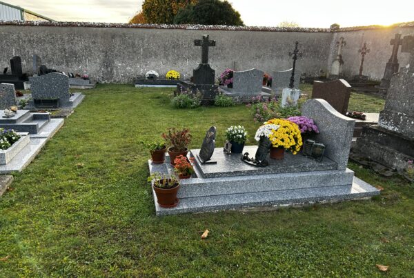 Vue d'un cimetière à la lumière du soir, avec des tombes fleuries de chrysanthèmes et plusieurs croix de pierre.