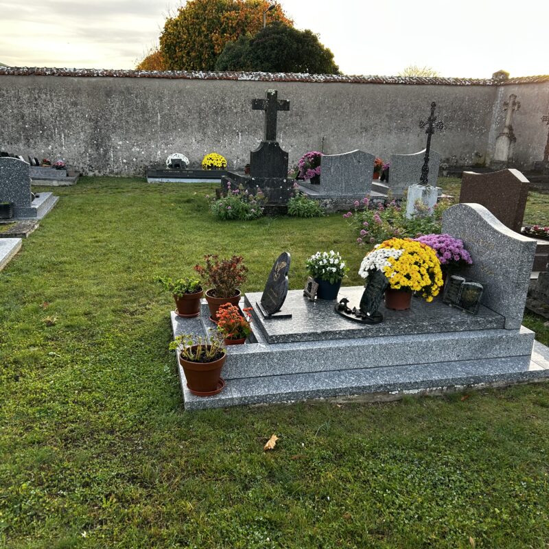 Vue d'un cimetière à la lumière du soir, avec des tombes fleuries de chrysanthèmes et plusieurs croix de pierre.
